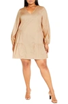 City Chic Alexia Long Sleeve Tiered Dress In Stone