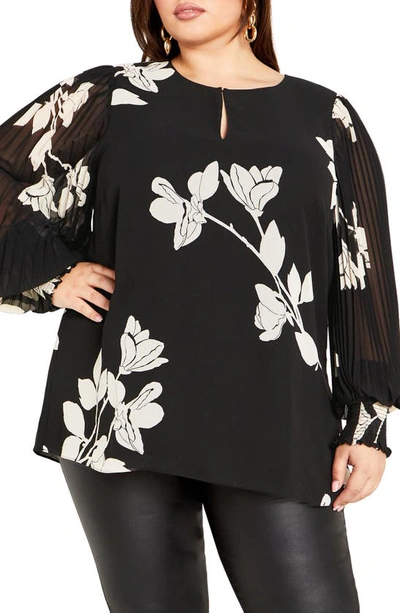 City Chic Katalina Floral Pleated Sleeve Top In Katalina Black