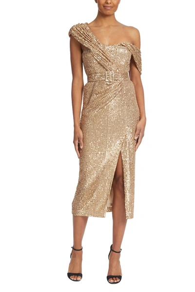 Badgley Mischka Sequin Asymmetrical Bustier Dress In Gold