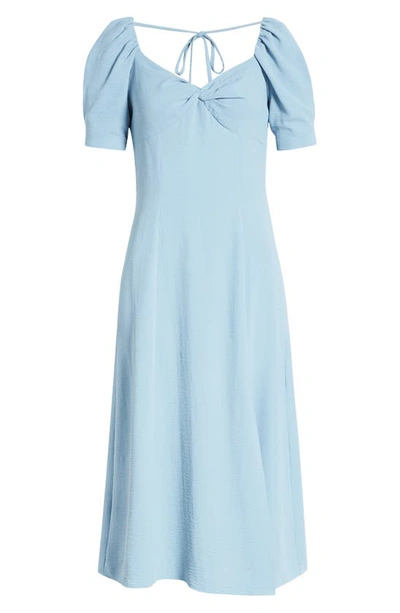 Zoe And Claire Twist Neck Crepe Midi Dress In Dusty Blue