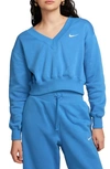 Nike Sportswear Phoenix Fleece V-neck Crop Sweatshirt In Star Blue/ Sail