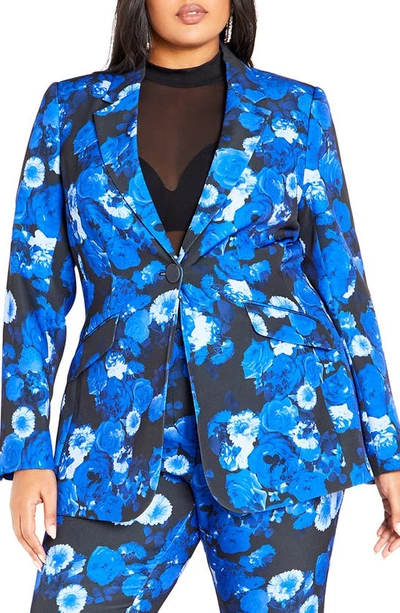 City Chic Kiara Floral Notched Lapel Blazer In Blue
