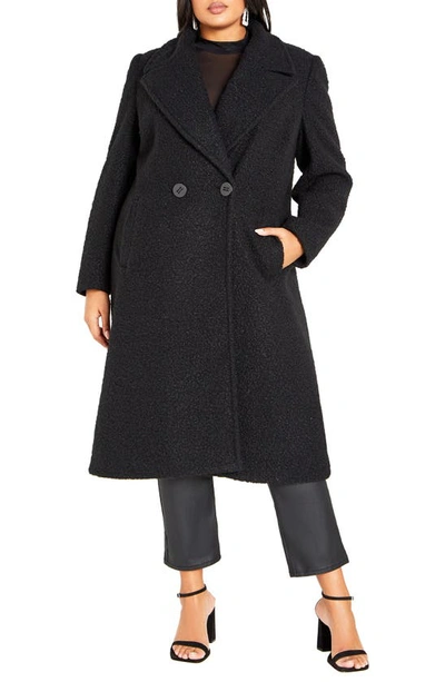 City Chic Daniella Double Breasted Bouclé Coat In Black