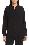 Eileen Fisher Rib Band Collar Silk Button-up Shirt In Black