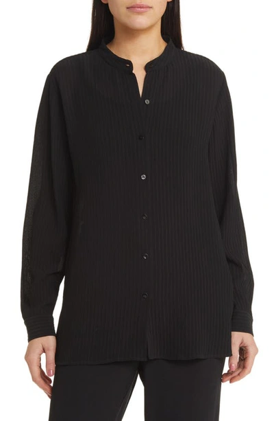 Eileen Fisher Rib Band Collar Silk Button-up Shirt In Black