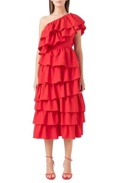 Endless Rose Ruffle One-shoulder Tiered Ruffle Midi Dress In Red