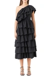 Endless Rose Ruffle One-shoulder Tiered Ruffle Midi Dress In Black