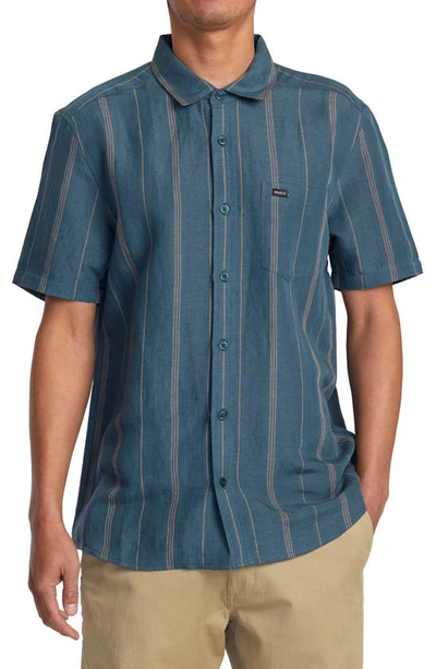 Rvca Mercy Stripe Short Sleeve Linen Blend Button-up Shirt In Duck Blue