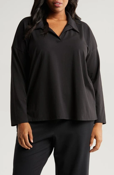Eileen Fisher Boxy Johnny Collar Stretch Organic Cotton Top In Black