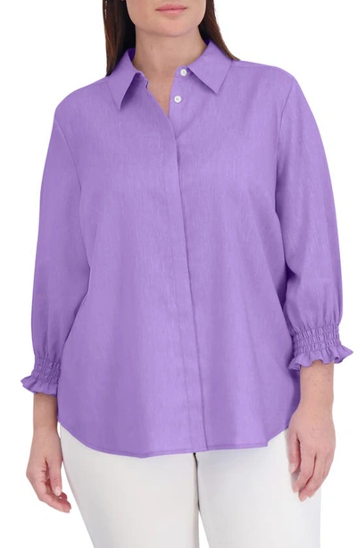 Foxcroft Olivia Bracelet Sleeve Hidden Placket Linen Blend Top In Amethyst