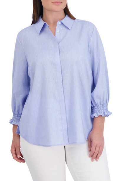 Foxcroft Olivia Bracelet Sleeve Hidden Placket Linen Blend Top In Powder Blue