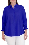 Foxcroft Olivia Bracelet Sleeve Hidden Placket Linen Blend Top In Royal Blue