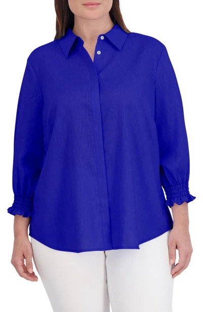 Foxcroft Olivia Bracelet Sleeve Hidden Placket Linen Blend Top In Royal Blue