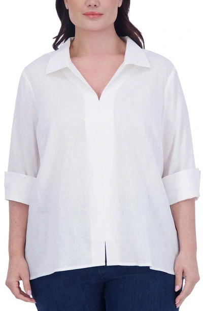 Foxcroft Agnes Three-quarter Sleeve Linen Blend Top In White