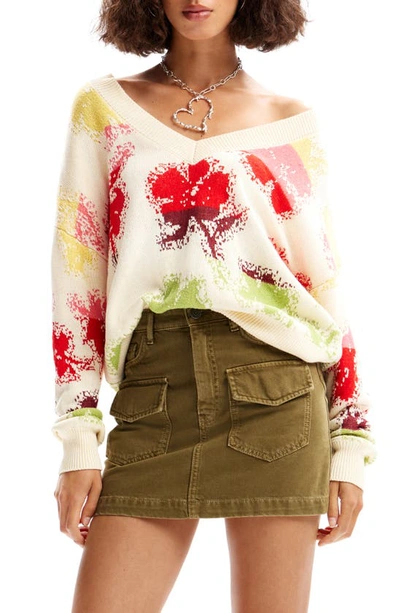 Desigual Jers Join Floral Jacquard Sweater In Ivory Multi