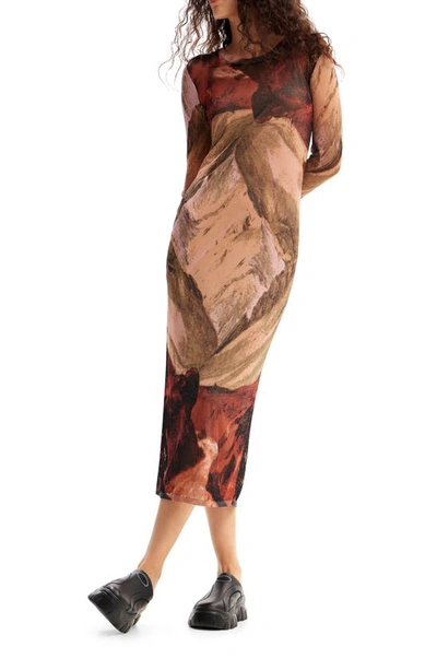 Desigual Noelia Abstract Print Long Sleeve Midi Dress In Brown