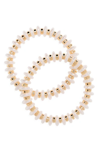 Nordstrom Set Of 2 Imitation Pearl & Golden Disc Stretch Bracelets In White- Gold