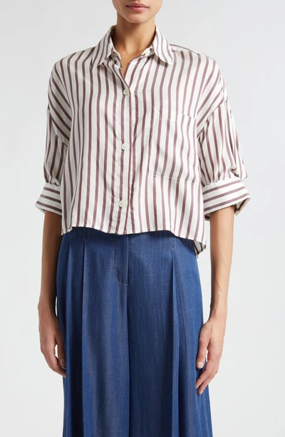 Twp Next Ex Stripe Crop Silk Shirt In White/ Brown