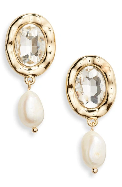 Nordstrom Genuine Freshwater Pearl & Crystal Cabochon Drop Earrings In Clear- White- Gold