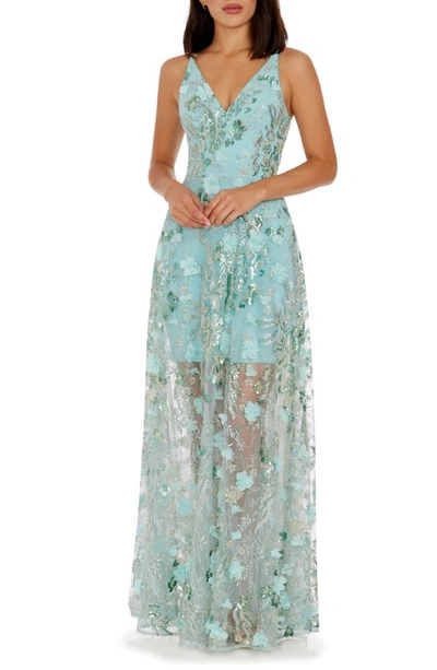 Dress The Population Sidney Bead & Sequin Floral Appliqué Gown In Blue