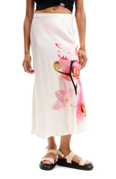 Desigual Orchid Satin Slip Skirt In White