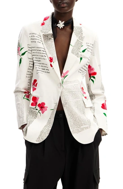 Desigual Letters & Flowers Stretch Cotton Jacket In White