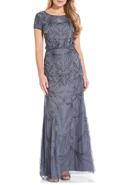 Adrianna Papell Beaded Short Sleeve Blouson Gown In Dusty Blue