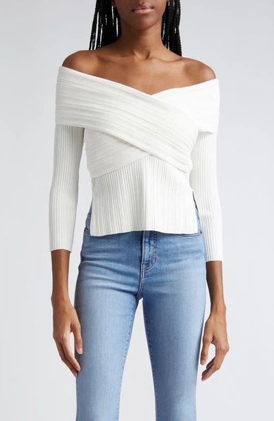 Veronica Beard Yesenia Rib Cotton Surplice Sweater In White