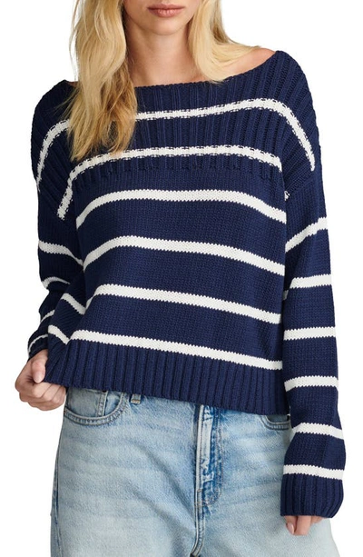 Lucky Brand Stripe Cotton Crop Sweater In Tofu Cadet Navy Stripe