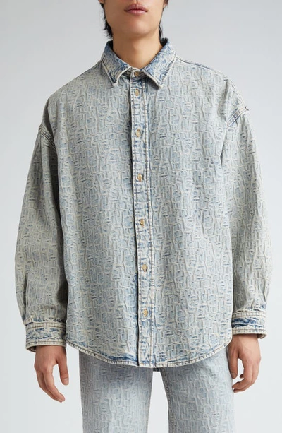 Acne Studios Monogram Cotton Jacquard Button-up Shirt In Blue/ Beige