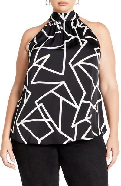 City Chic Frances Tie Neck Top In Black Geo Print