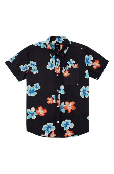 Rvca Kids' Anytime Floral Short Sleeve Button-up Shirt In Garage Blue