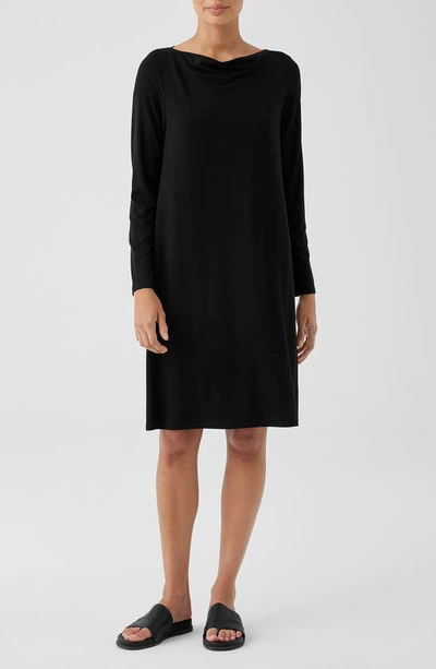 Eileen Fisher Long Sleeve Cowl Neck Jersey Shift Dress In Black