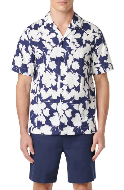 Bugatchi Jackson Shaped Fit Floral Print Short Sleeve Button-up Camp Shirt In Navy