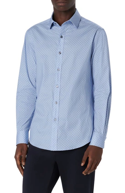Bugatchi Axel Shaped Fit Trellis Print Stretch Cotton Button-up Shirt In Air Blue