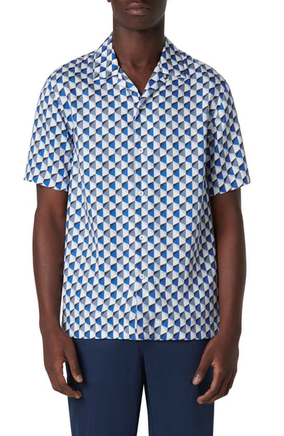 Bugatchi Jackson Shaped Fit Geo Print Short Sleeve Button-up Camp Shirt In Classic Blue