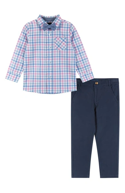 Andy & Evan Kids' Plaid Button-up Shirt, Pants & Bow Tie Set In White Plaid