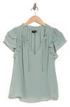 1.state Flutter Sleeve Split Neck Chiffon Blouse In Green