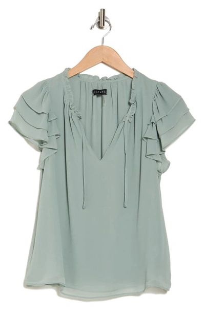 1.state Flutter Sleeve Split Neck Chiffon Blouse In Green