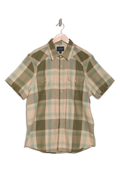 Lucky Brand Herringbone Workwear Western Short Sleeve Button-up Shirt In Olive Plaid