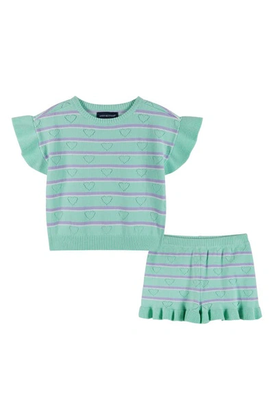 Andy & Evan Little Girl's Heart Striped Knit Ruffled Top & Shorts Set In Aqua Striped
