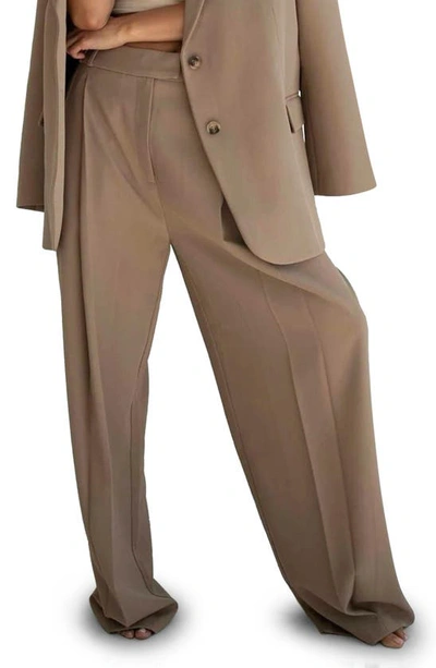 Re Ona Joey Pleated Wide Leg Suit Trousers In Macadamia