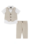 Andy & Evan Babies' Short Sleeve Button-up Shirt, Vest, Pants & Bow Tie Set In Beige