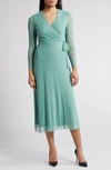 Anne Klein Long Sleeve Midi Wrap Dress In Green