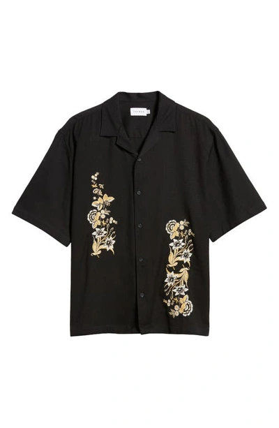 Topman Floral Embroidered Short Sleeve Cotton Button-up Camp Shirt In Black