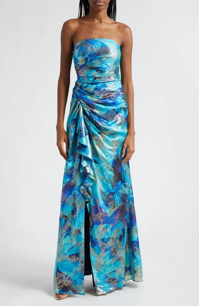 Ramy Brook Carr Metallic Floral Strapless Sheath Gown In Spring Navy Floral