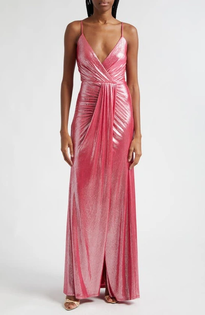 Ramy Brook Kade Metallic Ruched Gown In Hottest Pink Lurex Foil