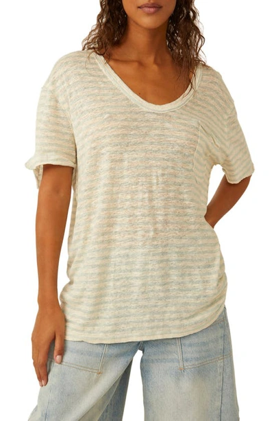 Free People All I Need Stripe Linen & Cotton T-shirt In Mineral Sea Combo