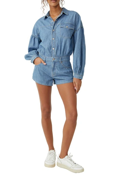 Free People Zodiac Long Sleeve Cotton Chambray Romper In Blue