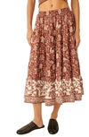 Free People Full Swing Floral Border Detail Cotton Blend Midi Skirt In Chocolate Combo